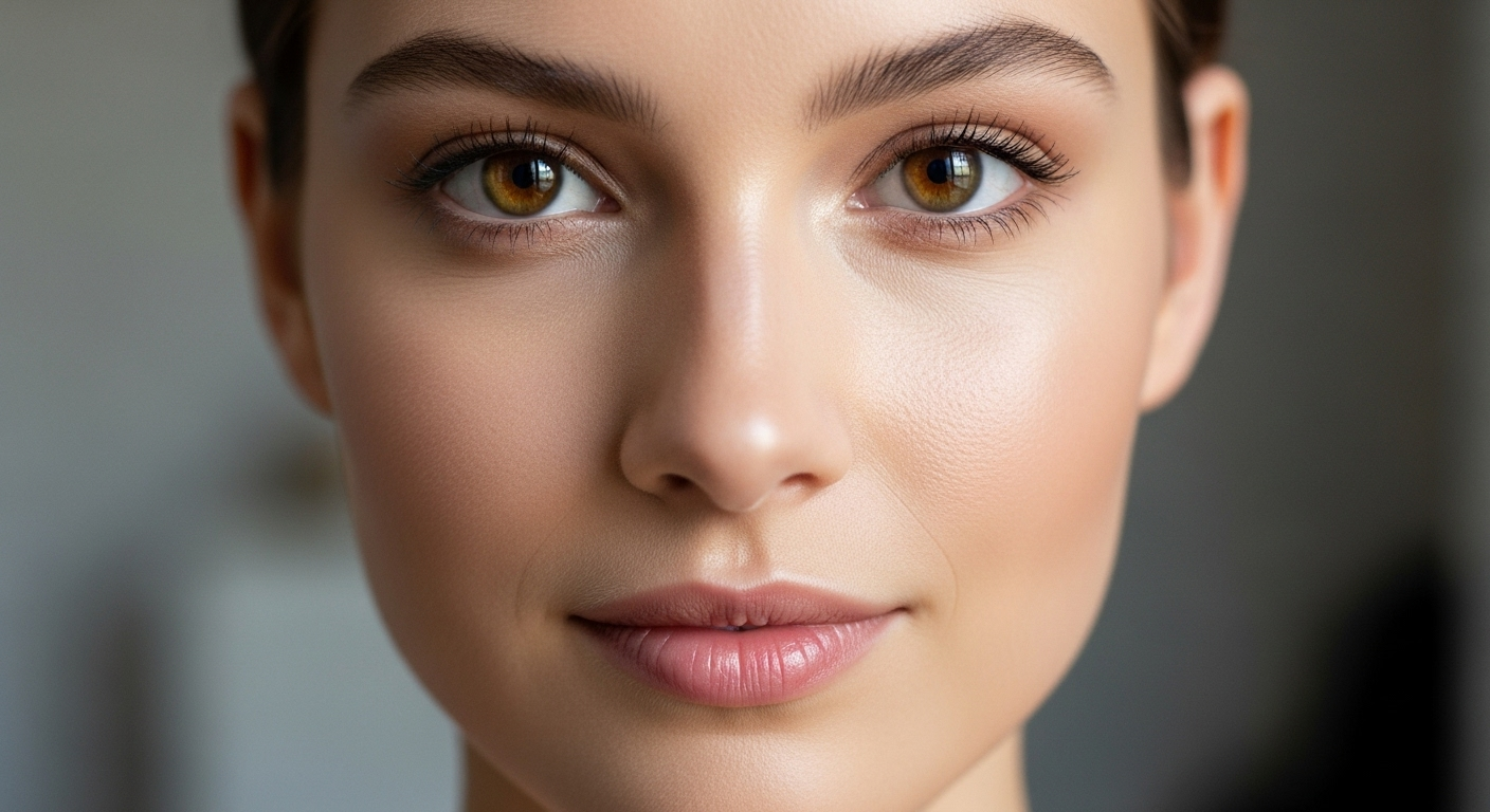 A close-up portrait of a woman with striking brown eyes and smooth, clear skin, looking directly at the camera with a neutral expression.