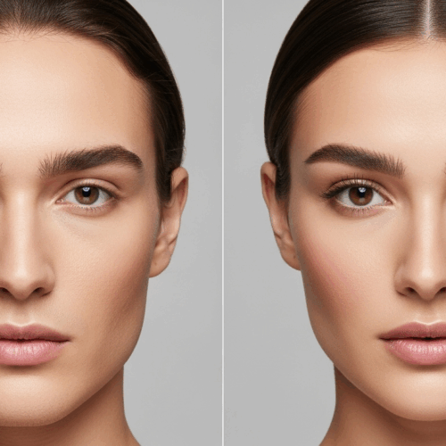 Una comparación de antes y después que muestra el rostro de una persona con diferencias notables en el maquillaje y los rasgos faciales, resaltando los cambios en su apariencia.