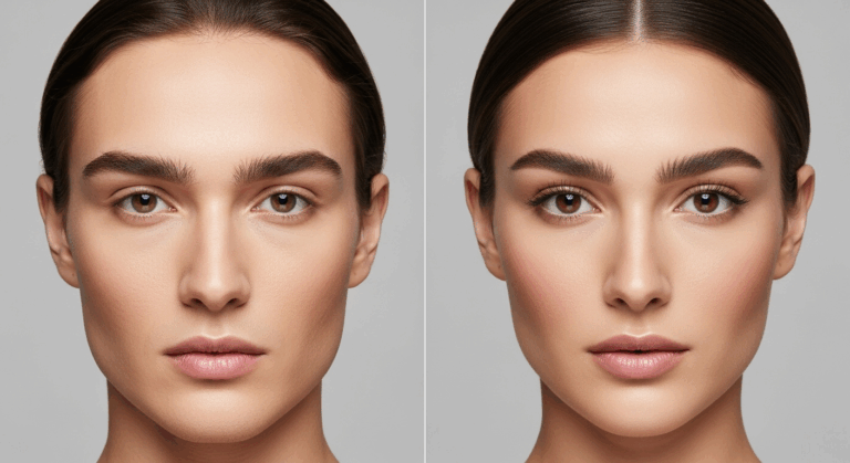 A before-and-after comparison showing a person's face with noticeable differences in makeup and facial features, highlighting the changes in their appearance.