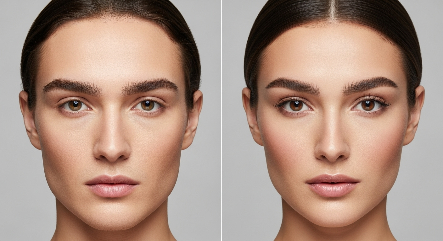 A before-and-after comparison showing a person's face with noticeable differences in makeup and facial features, highlighting the changes in their appearance.