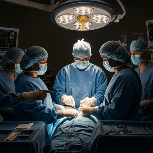 Un grupo de cirujanos realiza una operación en un quirófano bien equipado. Visten indumentaria quirúrgica, incluyendo batas, mascarillas y guantes, y están concentrados en el paciente sobre la mesa de operaciones. Al fondo se aprecian monitores y equipos médicos.