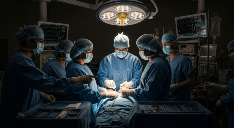A group of surgeons performing an operation in a well-equipped operating room. They are wearing surgical attire, including scrubs, masks, and gloves, and are focused on the patient on the operating table. Medical monitors and equipment are visible in the background.