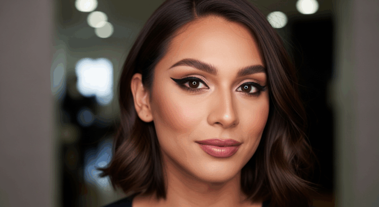 A portrait of a woman with dark hair and makeup, posing indoors with a blurred background.