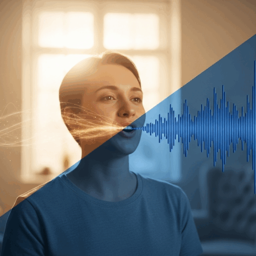 Una mujer hablando, con ondas sonoras representadas en el lado derecho de la imagen.