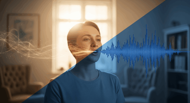 A woman speaking, with sound waves depicted on the right side of the image.