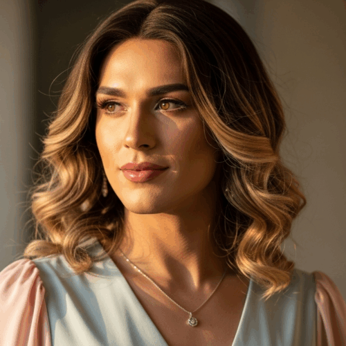 A woman with long, wavy hair wearing a light-colored top and a necklace, standing in a room with natural light streaming in from a window.