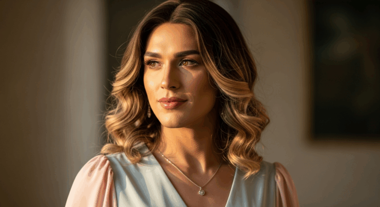 A woman with long, wavy hair wearing a light-colored top and a necklace, standing in a room with natural light streaming in from a window.