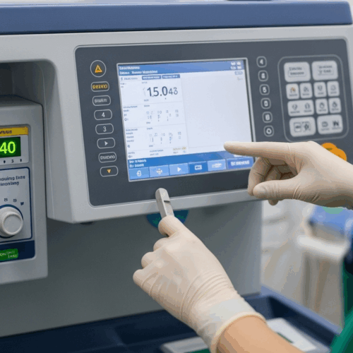 A person in a green uniform and gloves interacting with a medical or scientific machine featuring a digital display and various controls.
