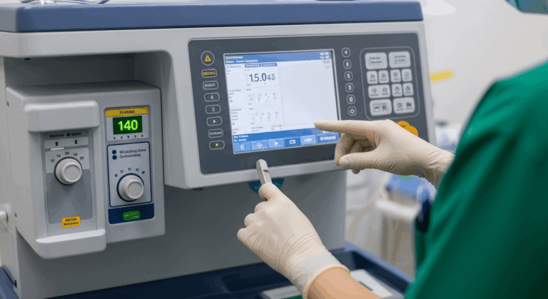 A person in a green uniform and gloves interacting with a medical or scientific machine featuring a digital display and various controls.