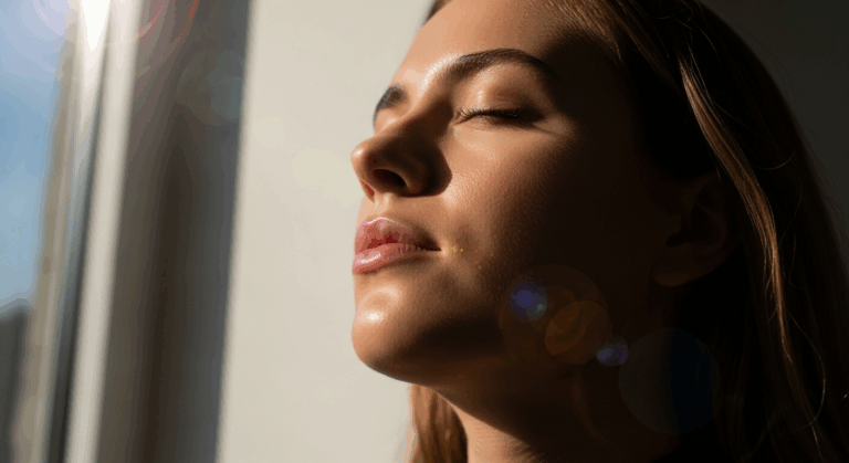 A woman with her eyes closed, appearing to be in a state of relaxation or meditation, with sunlight gently illuminating her face.