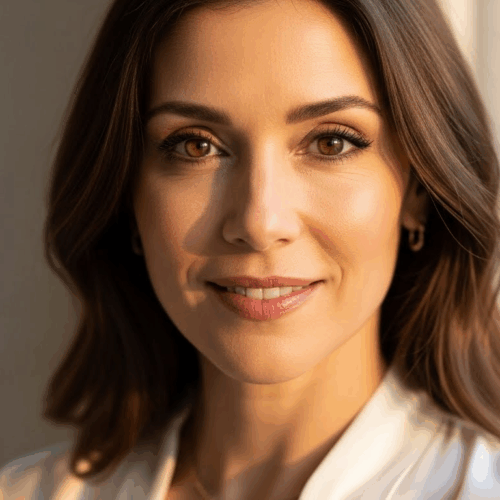 A portrait of a smiling woman with shoulder-length brown hair, wearing a white blouse, and standing near a window with natural light illuminating her face.
