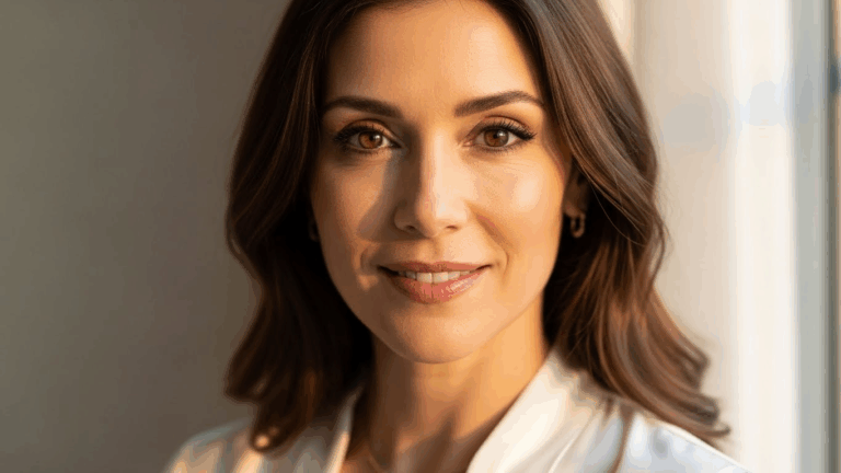 Un retrato de una mujer sonriente, con cabello castaño hasta los hombros, vestida con una blusa blanca y de pie cerca de una ventana con luz natural iluminando su rostro.