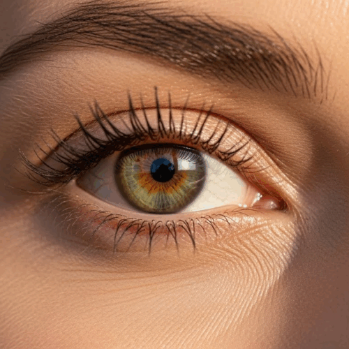 A close-up photograph of a person's eye with long eyelashes and detailed skin texture, highlighting the iris and surrounding area.