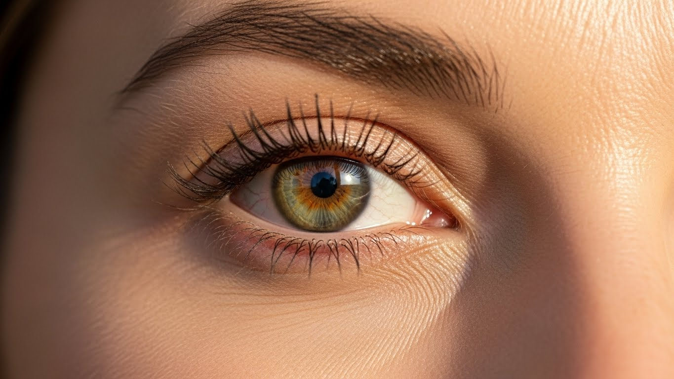 A close-up photograph of a person's eye with long eyelashes and detailed skin texture, highlighting the iris and surrounding area.