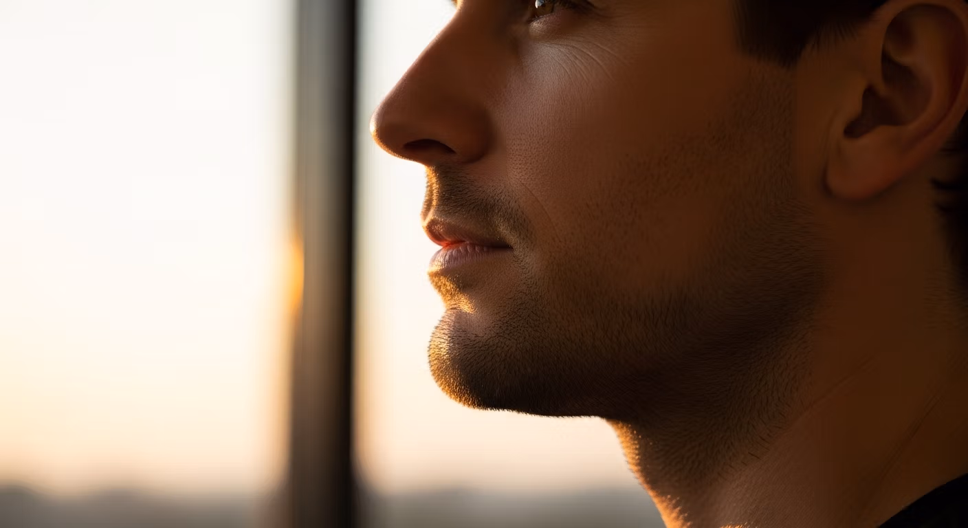 صورة جانبية مقربة لرجل ذي شعر داكن قصير ولحية، ينظر من نافذة بخلفية ضبابية، ربما تصور منظر مدينة عند غروب الشمس.