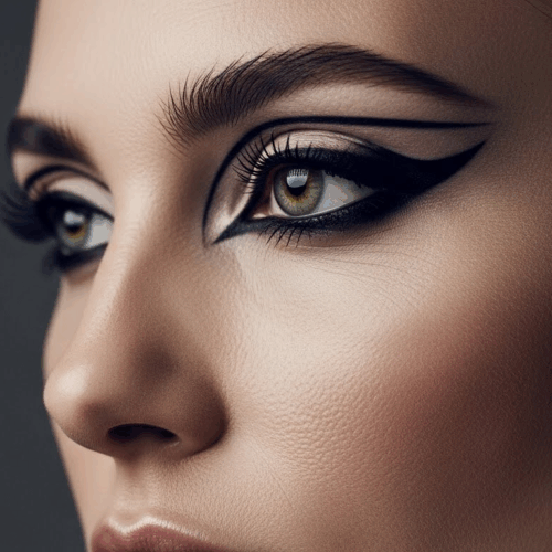 A close-up portrait of a person with striking eye makeup, featuring winged eyeliner and long lashes, set against a dark background.