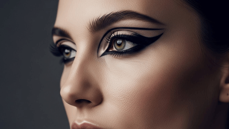 Un retrato en primer plano de una persona con un maquillaje de ojos llamativo, con delineador alado y pestañas largas, sobre un fondo oscuro.