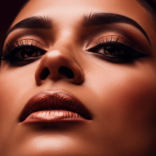 A close-up portrait of a person with striking eye makeup and red lipstick, looking directly at the camera with a dark background.
