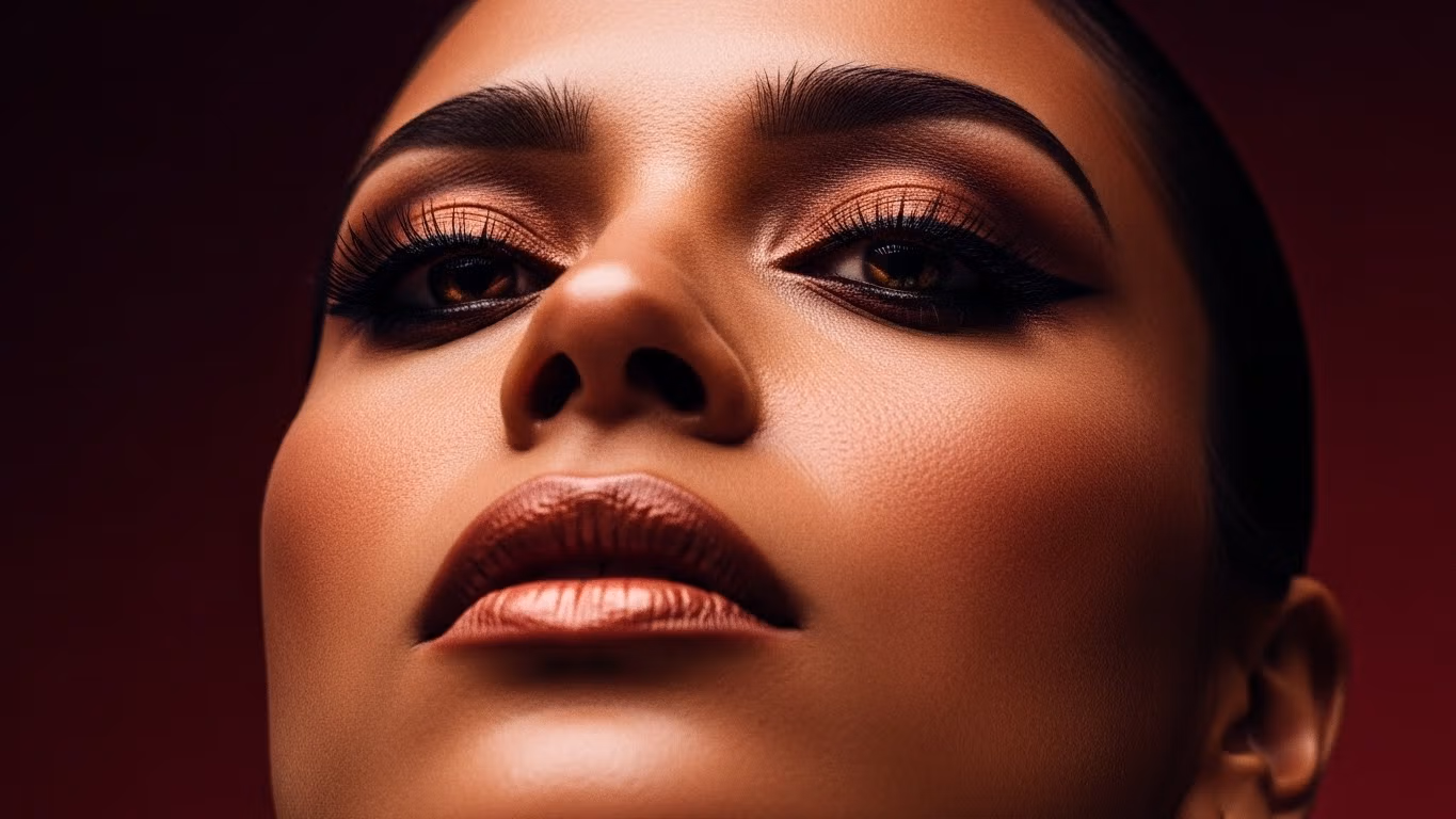 Karmaşık makyaj ve dramatik ışıklandırmayla bir kişinin yüzünün yakın çekimini içeren yüksek çözünürlüklü bir portre fotoğrafının profesyonel editoryal analizi. Görüntü, cilt dokusu, ışıklandırma ve kompozisyonda hiperrealist detaylar sergileyerek lüks ve yoğun bir atmosferi vurguluyor. --- **Kamera ve Optik:** Görüntü, portre fotoğrafçılığı için ideal olan **muhtemelen 85 mm veya 100 mm sabit odaklı bir makro lens** ile yüksek kaliteli bir kamera kullanılarak çekilmiş gibi görünüyor. Detay seviyesi, **hiperrealist bir kaliteyi, muhtemelen 8K çözünürlükte çekilmiş** olduğunu gösteriyor ve öznenin özelliklerinin son derece keskin ve gerçekçi bir şekilde temsil edilmesini sağlıyor. Sığ alan derinliği, öznenin yüzünü izole ederek arka planda yumuşak bir bulanıklık yaratıyor ve yüz detaylarını vurguluyor. --- **Aydınlatma Tasarımı:** Bu görüntüdeki aydınlatma, keskin kontrastlar ve belirgin gölgeler yaratan **sert ışık tekniği** ile karakterize ediliyor. Işık kaynağı, yüz yapısını şekillendiren gölgeler oluşturarak dramatik etkiyi artıran **yan açıyla** konumlandırılmış gibi görünüyor. Bu teknik, elmacık kemiklerini, kaş kemiklerini ve çene hattını vurgulayarak yüze derinlik ve boyut katıyor. Işık ve gölgenin etkileşimi, öznenin yüz anatomisini vurgulayan **heykelsi bir etki** yaratıyor. --- **Anatomi ve Kimlik:** Özne, kendinden emin ve dengeli bir pozda yakalanmış **kadın** gibi görünüyor. Yüz hatları, **gözlerin, elmacık kemiklerinin ve dudakların simetrisine** odaklanılarak titizlikle vurgulanmış. Makyaj, doğal konturları vurgulayarak keskin, köşeli çizgilerle **keskin ve zarif bir görünüm** yaratıyor. Kaşlar belirgin ve kirpikler hacimli, bu da bakışın genel yoğunluğunu artırıyor. --- **Doku ve Cilt:** Bu görüntüdeki cilt dokusu **olağanüstü detaylarla** işlenmiş olup, **hafif nemli ve ışıltılı bir kalite** sergiliyor. Işık ciltten incelikle yansıyarak, öznenin ten rengini vurgulayan **yumuşak bir ışıltı** yaratıyor. **Gözenek ve ince çizgilerin minimum düzeyde olması**, kusursuz bir cilt veya uzman rötuşlama olduğunu düşündürüyor. Makyaj kusursuz bir şekilde uygulanmış, **alın ve yanaklarda mat bir bitiş** varken, dudaklar **parlak, nemli bir görünüm** sergiliyor. --- **Giysiler ve Aksesuarlar:** Görüntü öncelikle yüze odaklanıyor ve hiçbir giysi veya aksesuar görünmüyor. Bununla birlikte, makyajın ve cildin **lüks ve cilalı görünümü**, detaylara verilen önemin çok büyük olduğu yüksek moda veya editoryal bir bağlamı düşündürüyor. --- **Kompozisyon ve Arka Plan:** Görüntünün kompozisyonu **dar bir şekilde kırpılmış** olup, yalnızca öznenin yüzüne odaklanıyor. Bu kadraj, izleyicinin dikkatini doğrudan yüz hatlarına ve ifadelerine çekiyor. Arka plan **karanlık ve bulanık**, muhtemelen geniş bir diyafram açıklığıyla elde edilmiş ve **noir esintili bir atmosfer** yaratıyor. Genel hava **lüks ve yoğun**, öznenin çarpıcı güzelliğine ve ışık-gölgenin dramatik etkileşimine odaklanıyor.