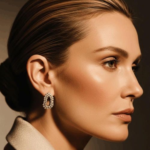 A woman with her hair pulled back in a bun, wearing large diamond earrings, and looking to the side with a slight smile.