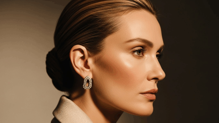 Una mujer con el cabello recogido en un moño, luciendo grandes aretes de diamantes y mirando hacia un lado con una leve sonrisa.