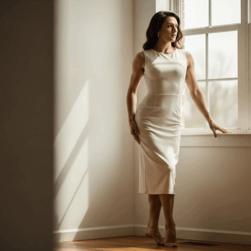 A woman in a white dress stands by a window, looking out thoughtfully. The room is brightly lit by natural sunlight streaming in through the window, casting soft shadows around her.