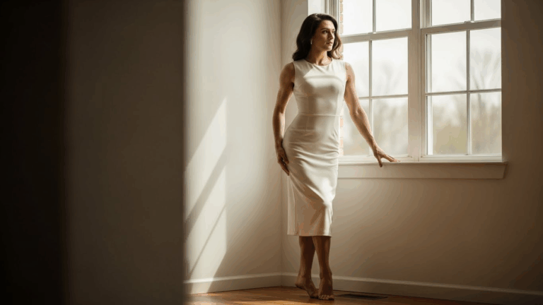Una mujer con un vestido blanco está de pie junto a una ventana, mirando pensativa. La habitación está bien iluminada por la luz natural que entra por la ventana, proyectando suaves sombras a su alrededor.