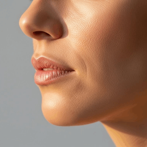 A close-up side profile of a person's face, focusing on the nose and lips, with smooth skin and a neutral expression against a plain background.