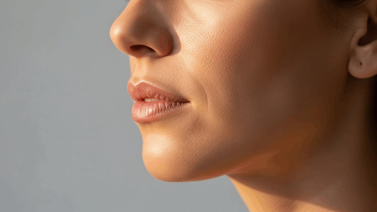 Un perfil lateral en primer plano del rostro de una persona, centrándose en la nariz y los labios, con piel suave y una expresión neutra sobre un fondo liso.