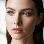 Close-up portrait of a young woman with natural skin and blue eyes, showcasing clear, healthy facial features.