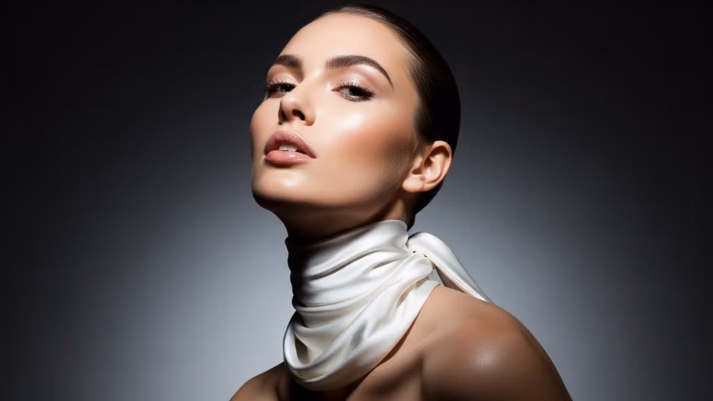 A close-up portrait of a woman with elegant makeup, styled with a white silk scarf around her neck against a dark background.