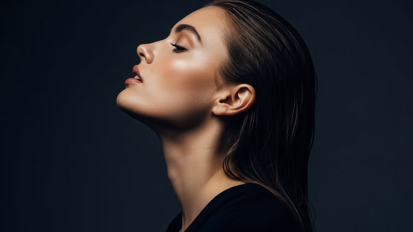 Profile view of a young woman with wet-look hair and glowing, flawless skin against a dark background.