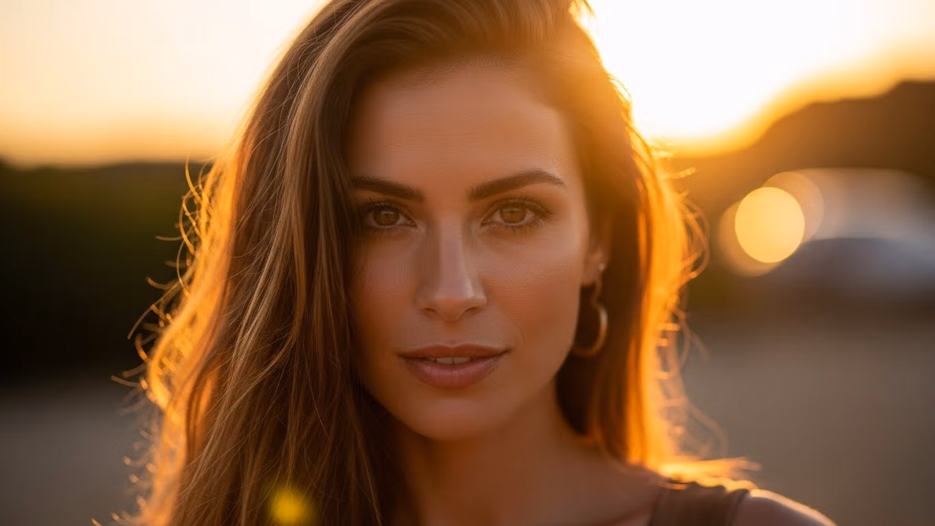 A close-up portrait of a beautiful woman with long brown hair, illuminated by the warm, golden light of a sunset.