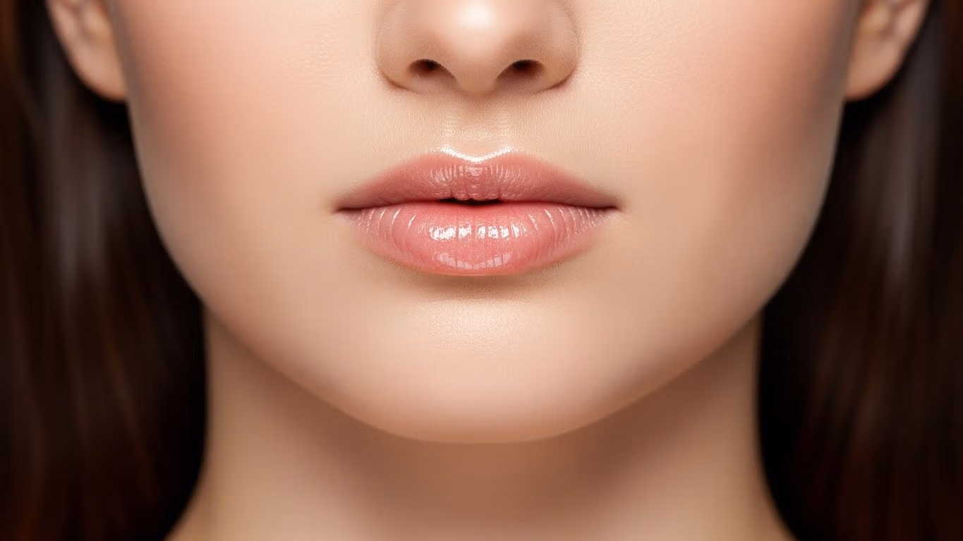 Close-up view of a woman's perfectly shaped, hydrated lips and smooth skin, representing aesthetic lip enhancement or skincare.