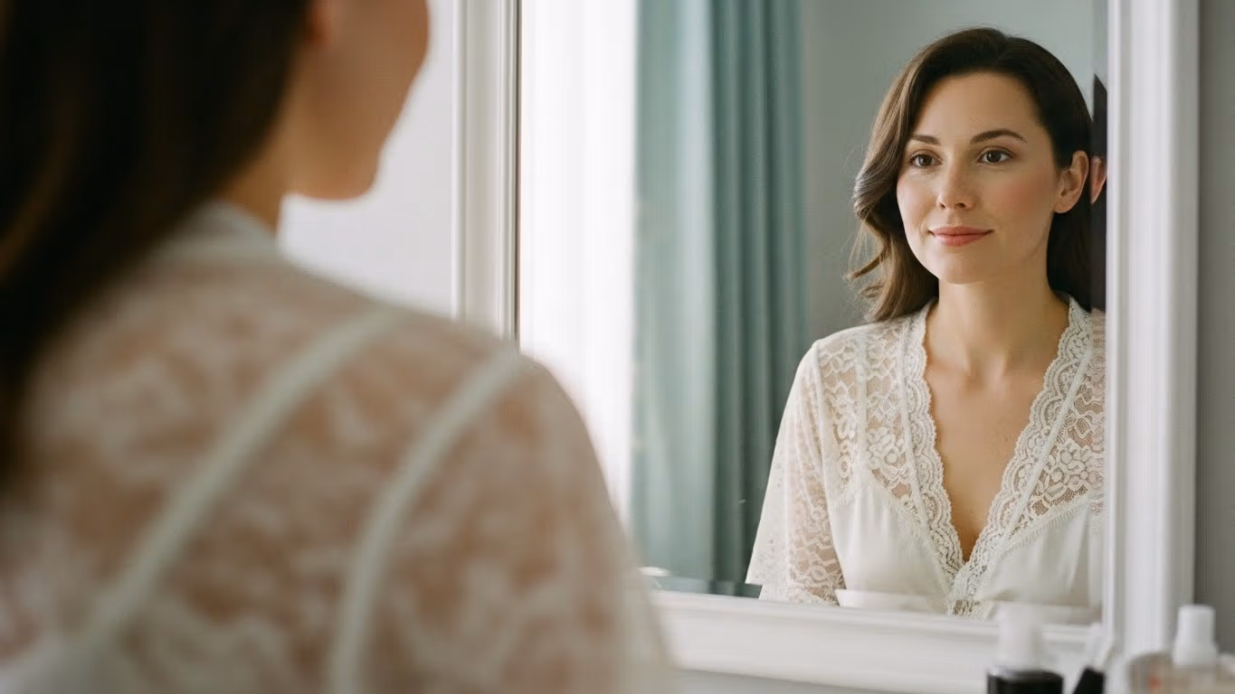 A woman wearing a white lace robe smiling at her reflection in a mirror.