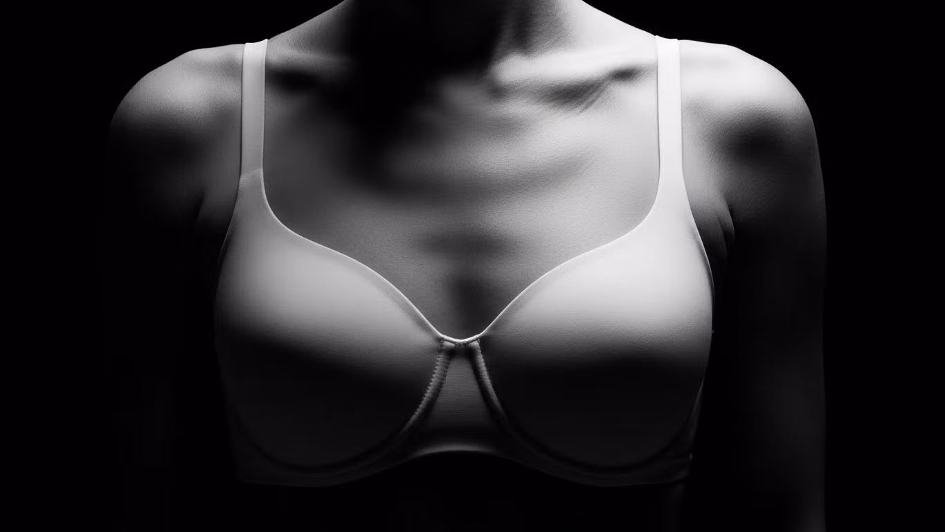 Close-up of a person wearing a plain white bra, highlighted against a black background.