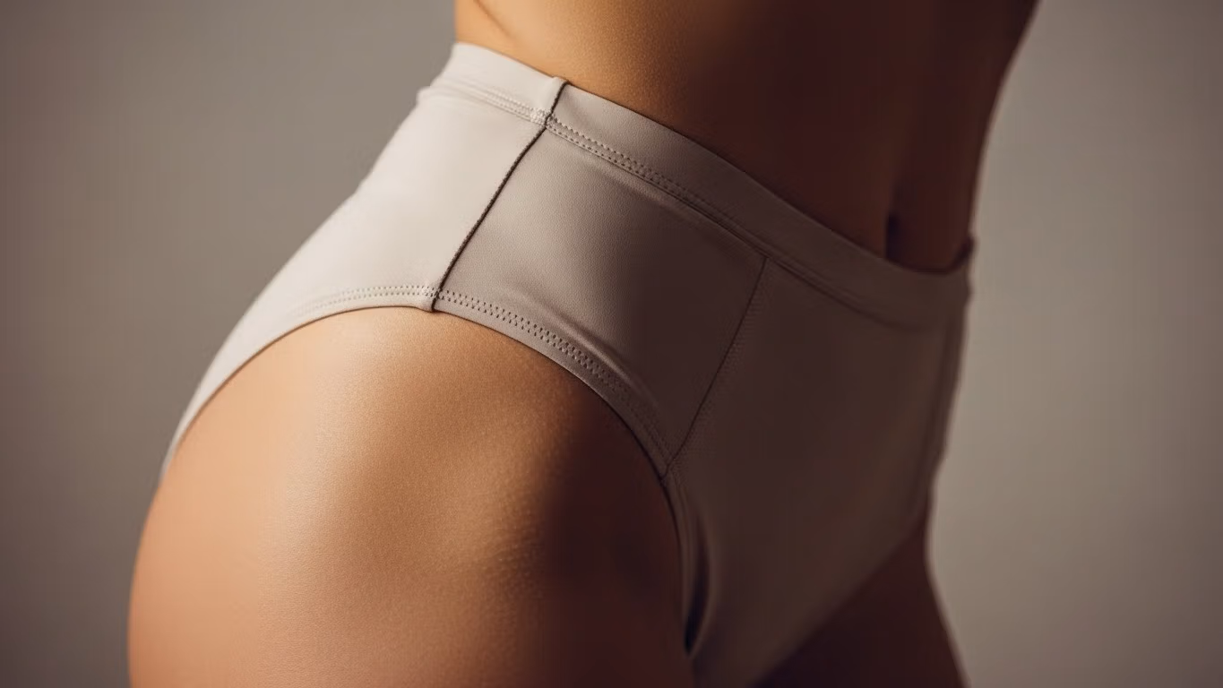 Primer plano de una persona que lleva ropa interior beige sin costuras de talle alto.