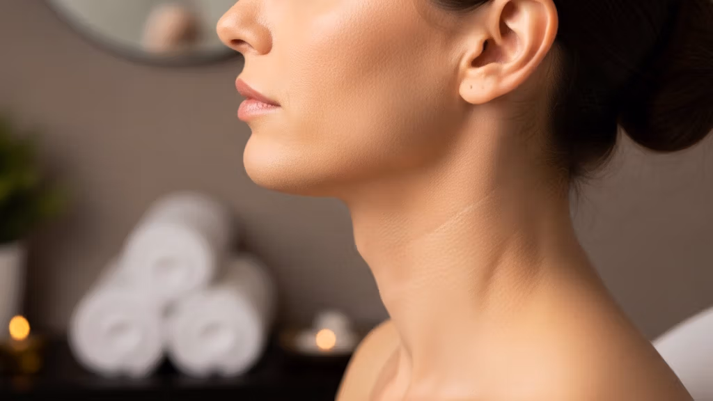 Profilo laterale del viso e del collo di una donna, con particolare attenzione alla texture della pelle e al benessere estetico in un ambiente spa.