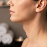 Profil latéral du visage et du cou d'une femme, mettant l'accent sur la texture de la peau et le bien-être esthétique dans un cadre de spa.