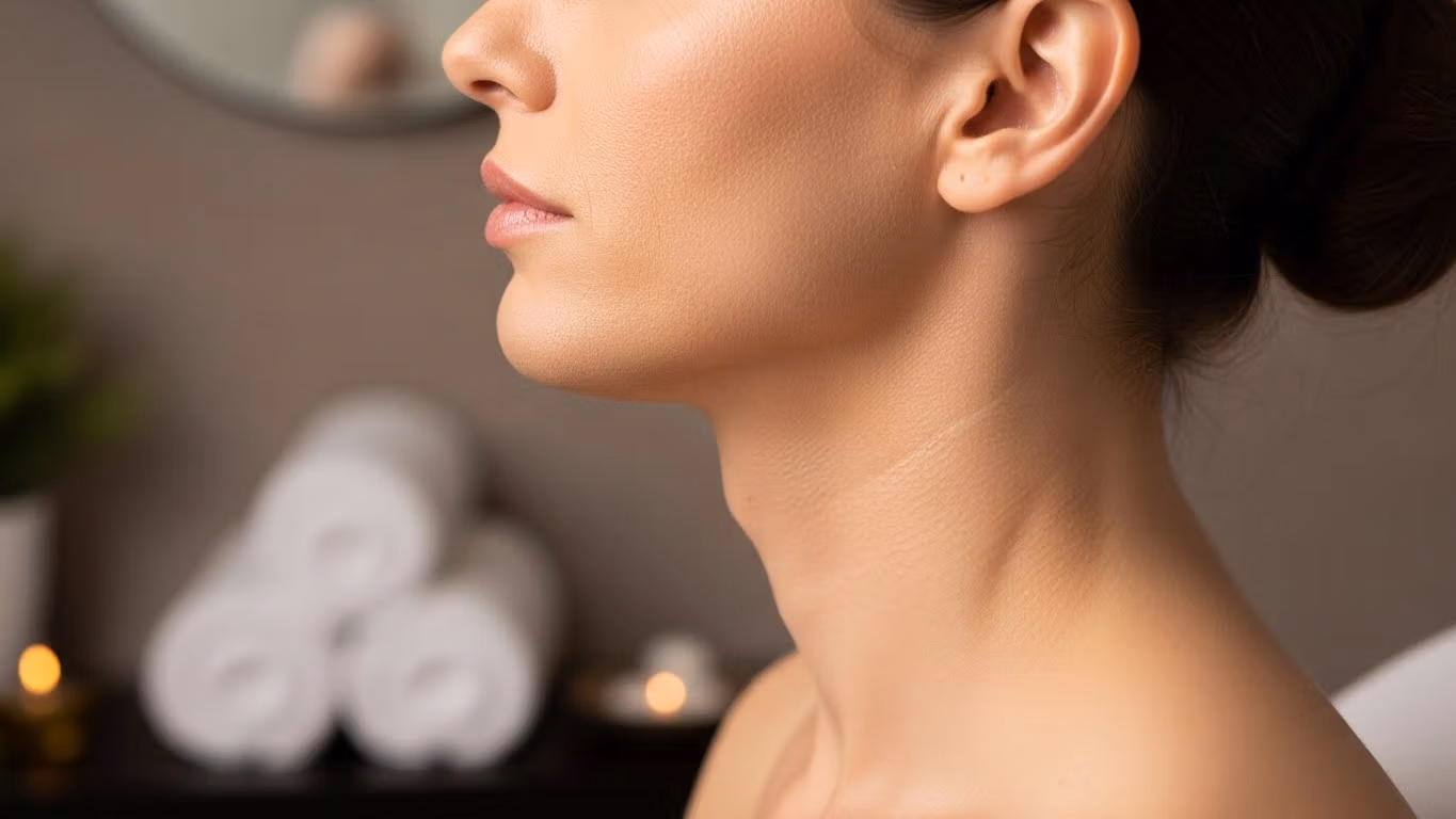 Bir spa ortamında, cilt dokusuna ve estetik sağlığa odaklanan, kadının yüzünün ve boynunun yandan görünümü.