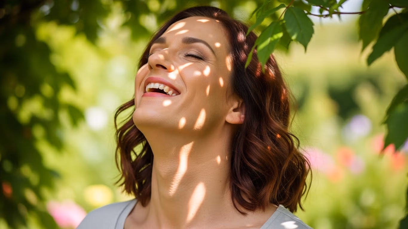 Una donna felice dai capelli ramati ride all'aperto in un parco, con i raggi del sole che filtrano tra le foglie e le illuminano il viso.