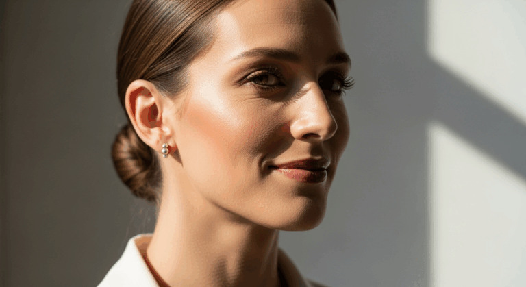 Une femme aux cheveux attachés, portant des boucles d'oreilles, regardant sur le côté avec un léger sourire.