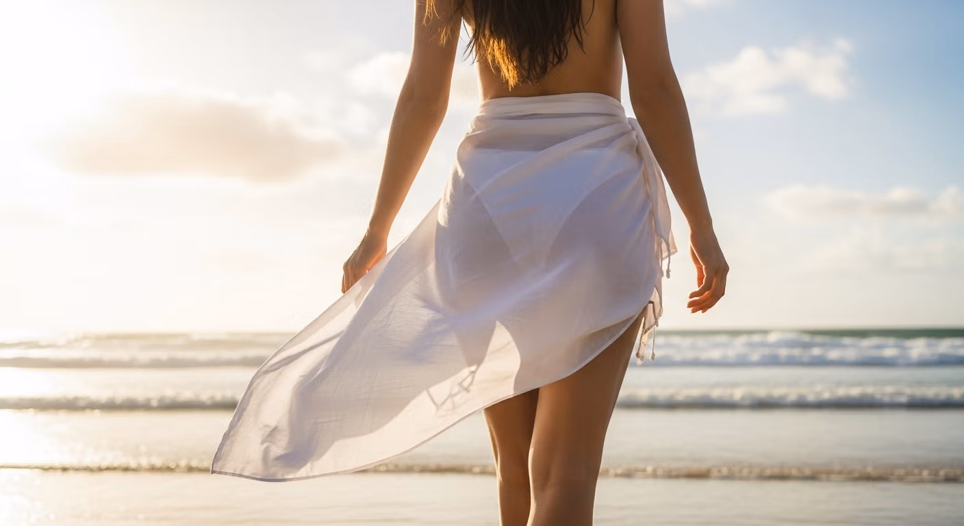 Una mujer con un pareo blanco caminando por la playa al atardecer.