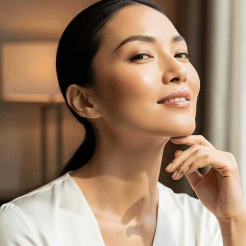 A woman with smooth, clear skin wearing a white blouse, posing near a window with natural light illuminating her face.