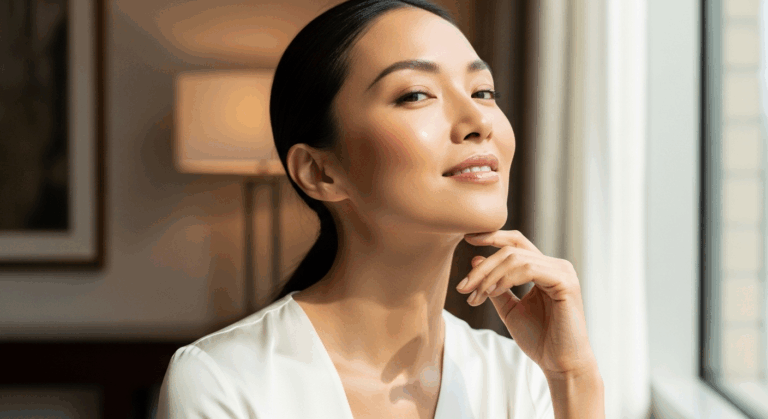 Une femme à la peau lisse et claire, vêtue d'un chemisier blanc, pose près d'une fenêtre où la lumière naturelle illumine son visage.