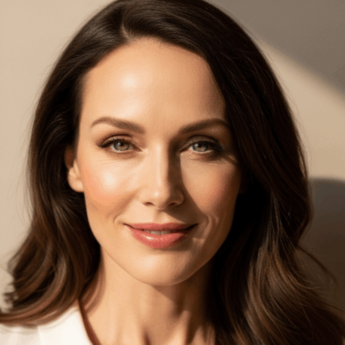 Una mujer sonriente, con cabello castaño hasta los hombros, vestida con una blusa blanca, posando sobre un fondo neutro con una iluminación suave.