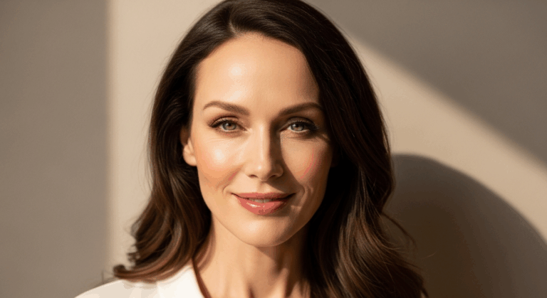 Une femme souriante aux cheveux bruns mi-longs, vêtue d'un haut blanc, pose devant un fond neutre sous un éclairage doux.