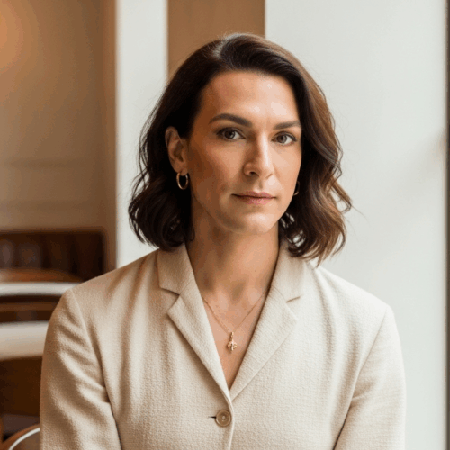 A professional woman with brown hair is sitting in an office setting, wearing a beige blazer and gold jewelry. She is looking directly at the camera with a neutral expression.