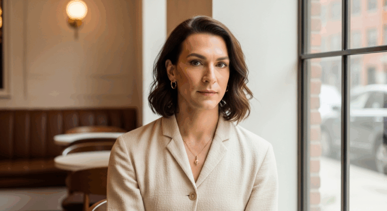 Une femme d'affaires aux cheveux bruns est assise dans un bureau, vêtue d'un blazer beige et de bijoux en or. Elle regarde droit dans l'objectif avec une expression neutre.