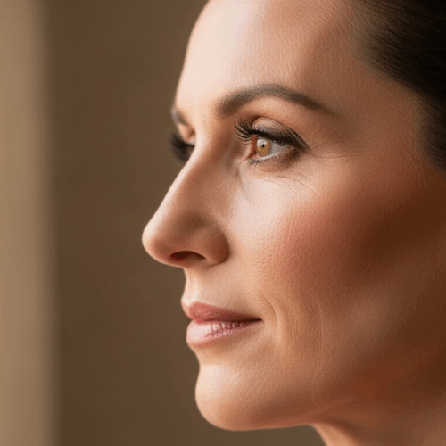 A close-up side profile of a woman with smooth skin and dark hair, looking off to the side with a subtle smile.